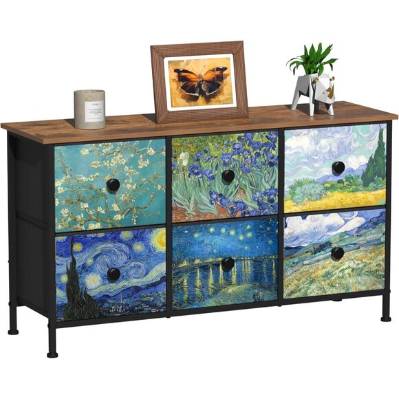 6 Drawer Dresser for Bedroom Van Gogh Chest of Drawers Wide TV Stands Fabric Sto